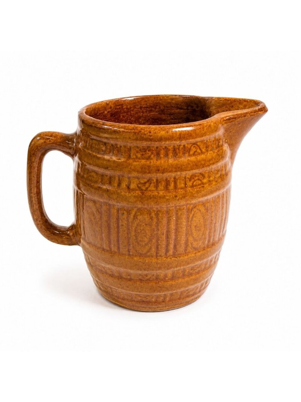 Stoneware Pottery Pitcher Glazed Barrel Rustic Farmhouse Vintage Brown Large